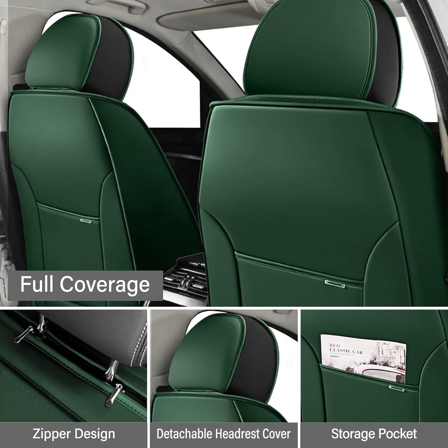 Fit for 98% of BMW Car Seat Covers, Full Surround Faux Leather Anti-Slip Waterproof Auto Seat Cover(Black&Green,Full Set)
