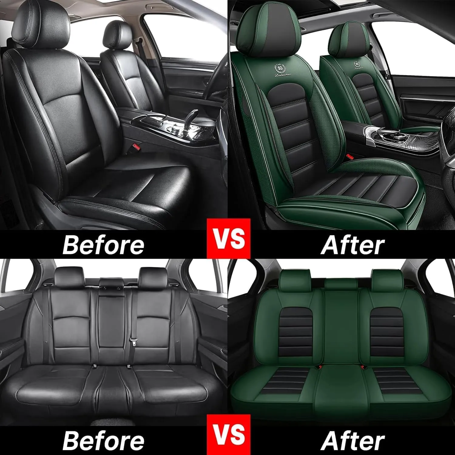 Fit for 98% of BMW Car Seat Covers, Full Surround Faux Leather Anti-Slip Waterproof Auto Seat Cover(Black&Green,Full Set)