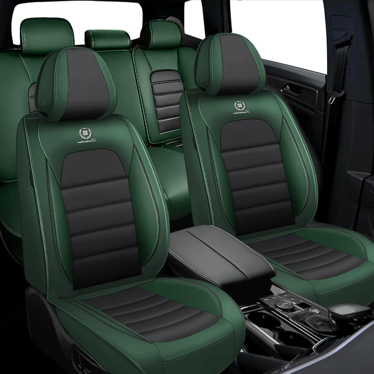 Fit for 98% of BMW Car Seat Covers, Full Surround Faux Leather Anti-Slip Waterproof Auto Seat Cover(Black&Green,Full Set)