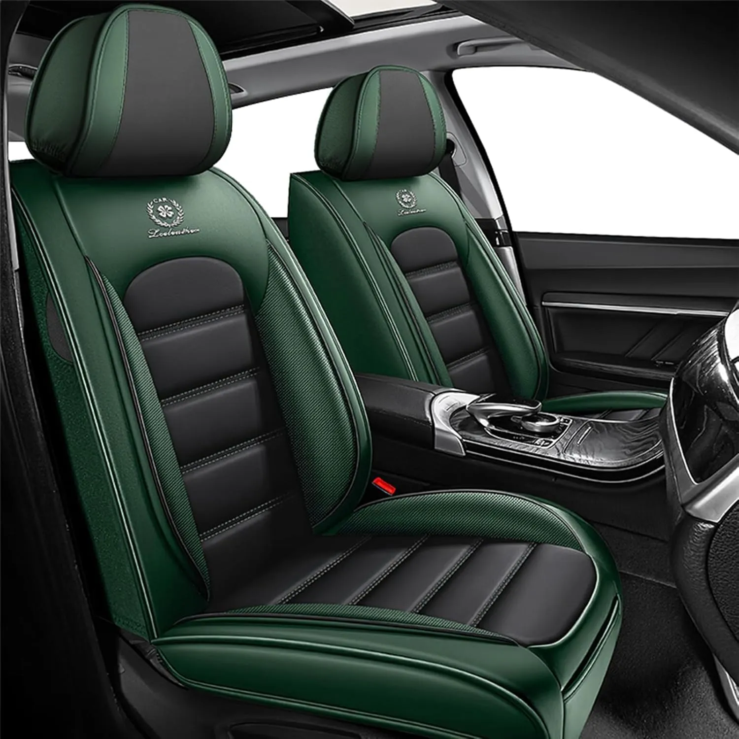 Fit for 98% of Ford Car Seat Covers, Full Surround Faux Leather Anti-Slip Waterproof Auto Seat Cover(Black&Green,Front Set)