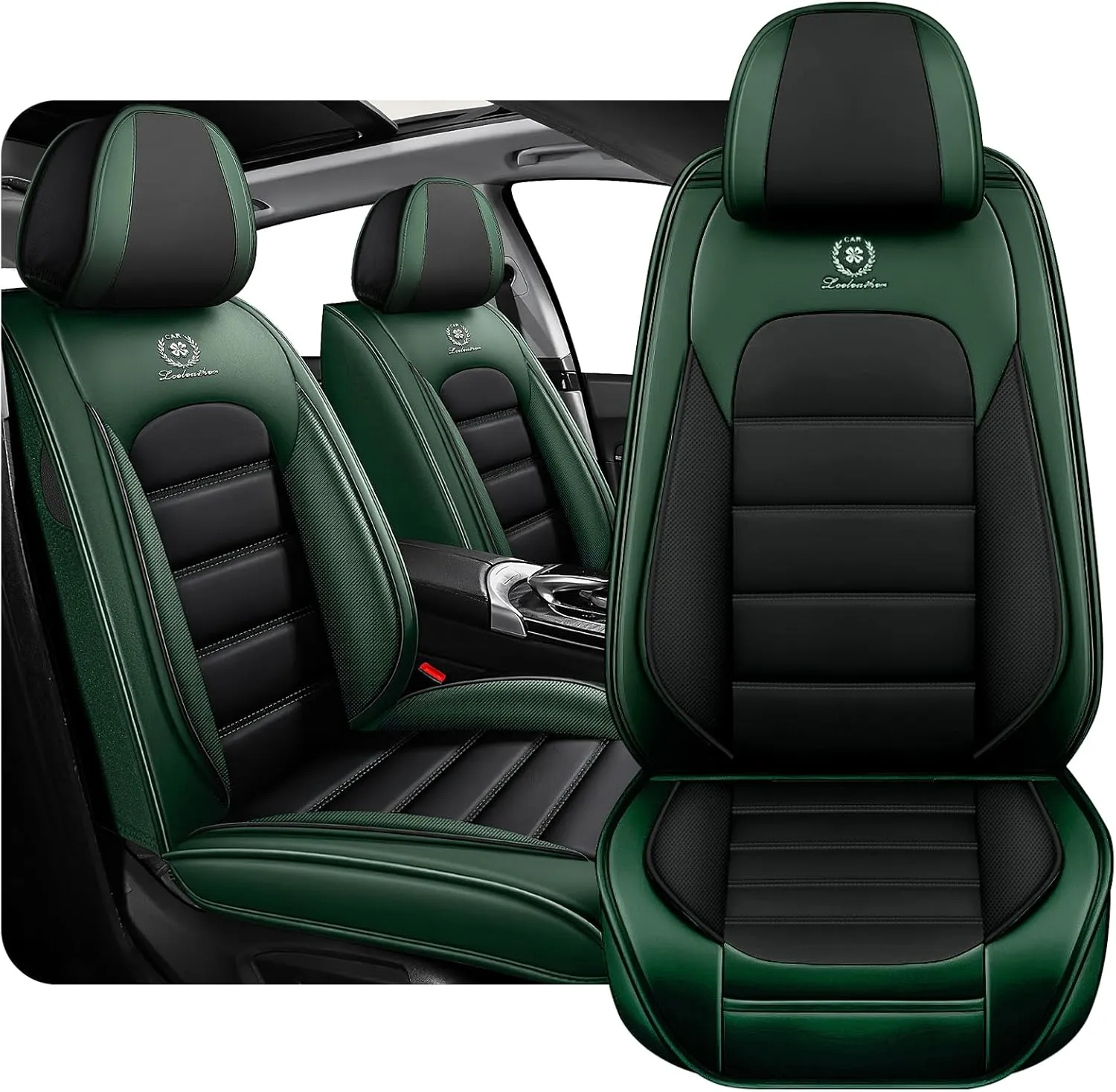 Fit for 98% of Ford Car Seat Covers, Full Surround Faux Leather Anti-Slip Waterproof Auto Seat Cover(Black&Green,Front Set)