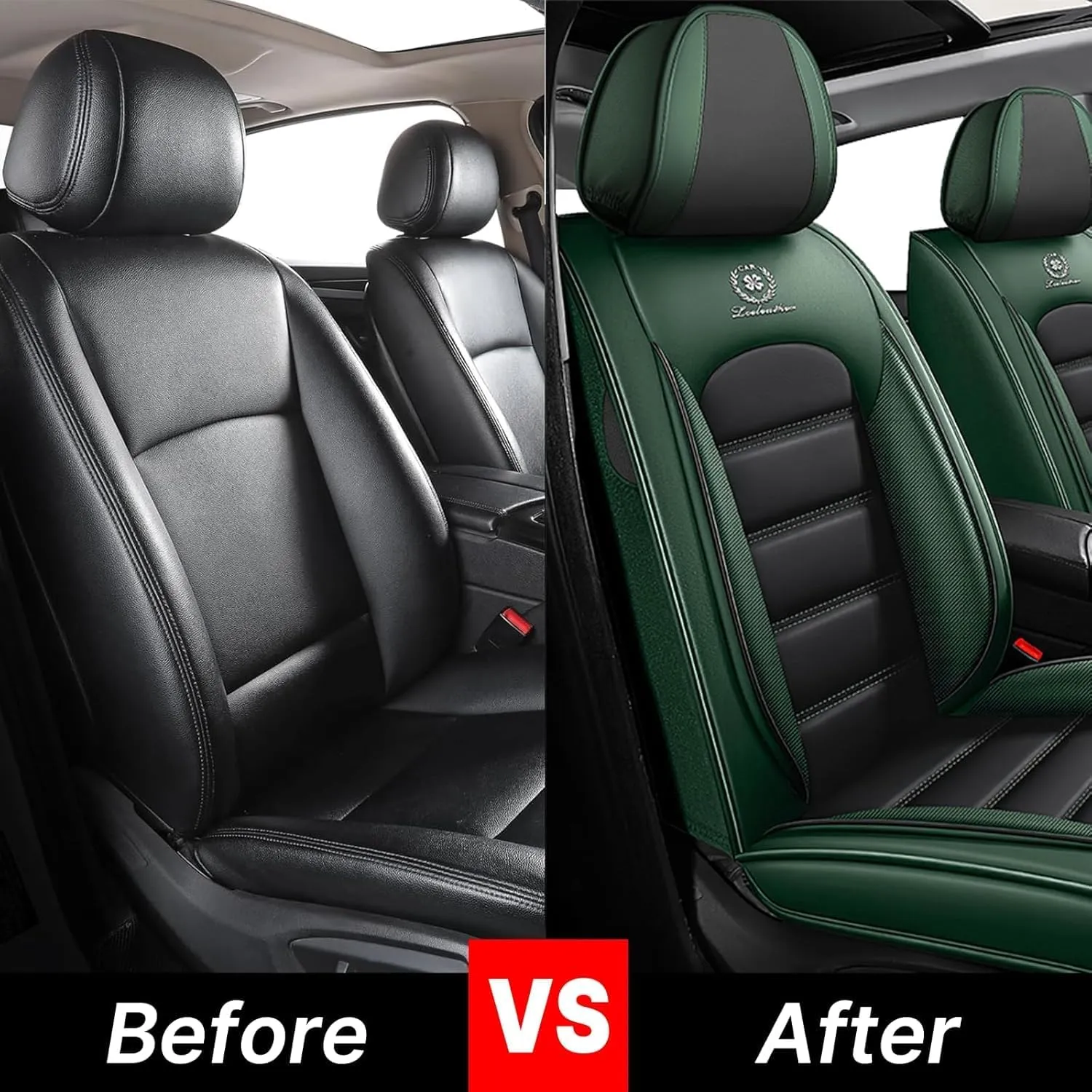 Fit for 98% of Ford Car Seat Covers, Full Surround Faux Leather Anti-Slip Waterproof Auto Seat Cover(Black&Green,Front Set)