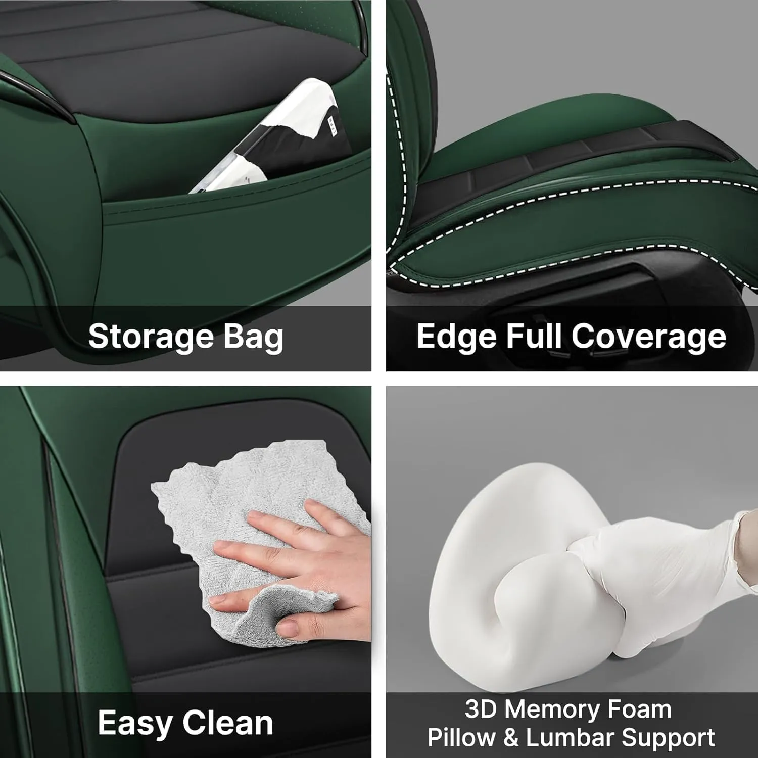 Fit for 98% of Ford Car Seat Covers, Full Surround Faux Leather Anti-Slip Waterproof Auto Seat Cover(Black&Green,Front Set)