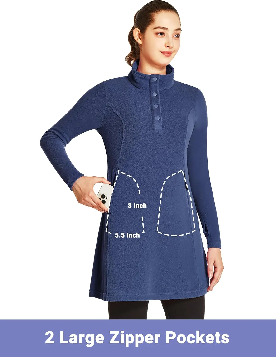 FitsT4 Sports Women's Fleece Dress Tunic Long Sweatshirts Dress Button up Pullover with Zipper Pockets Winter Outfits