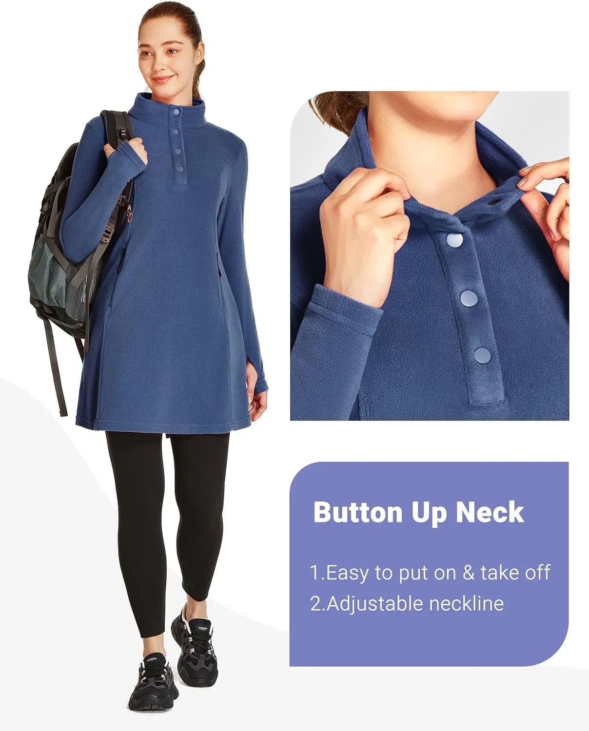 FitsT4 Sports Women's Fleece Dress Tunic Long Sweatshirts Dress Button up Pullover with Zipper Pockets Winter Outfits