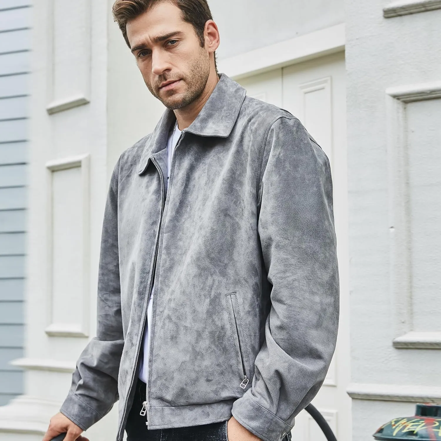 FLAVOR Men's Suede Leather Bomber Jacket Casual Coat for Men