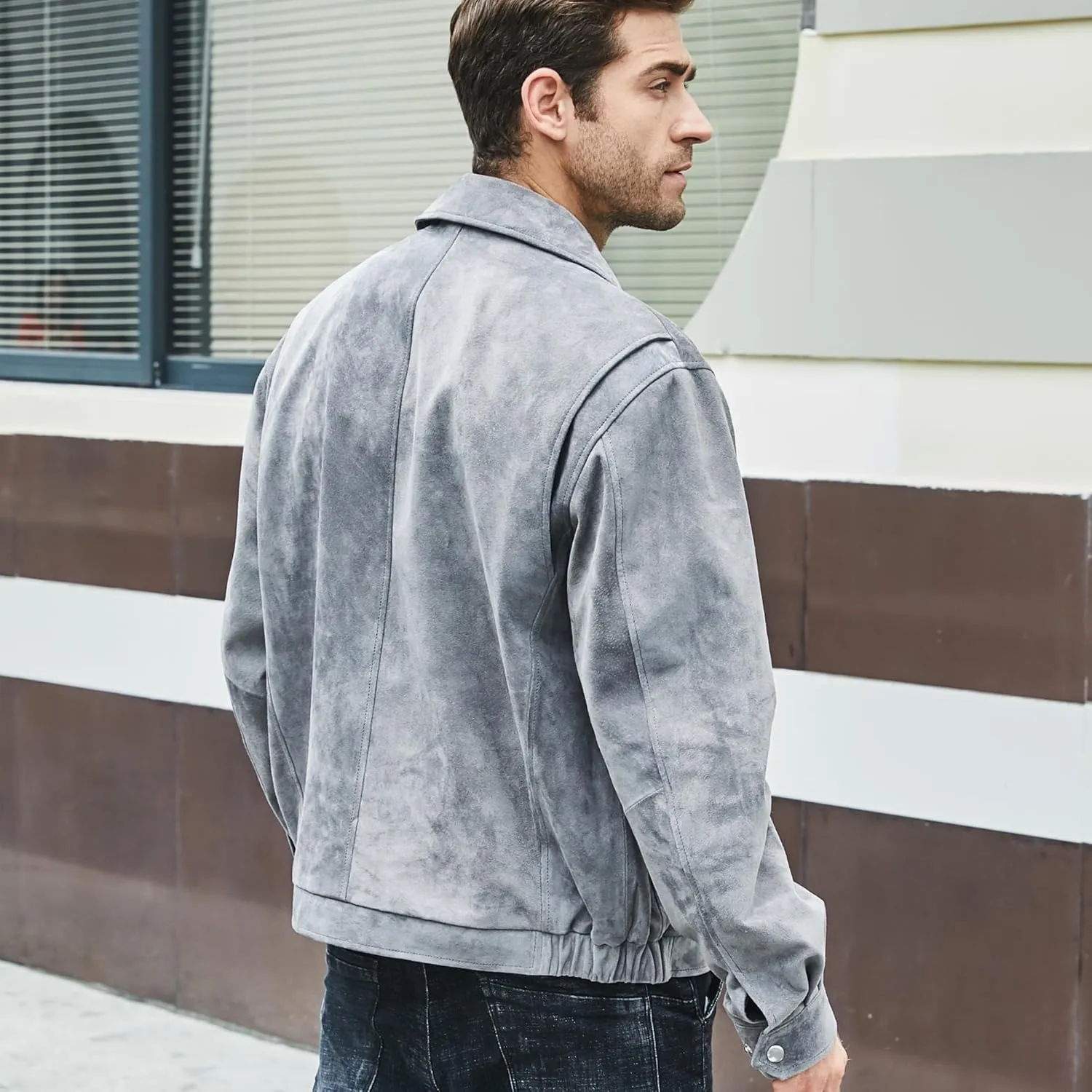 FLAVOR Men's Suede Leather Bomber Jacket Casual Coat for Men