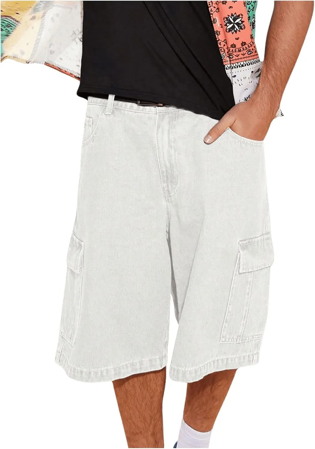 Floerns Men's Loose Hip Hop Baggy Jorts Flap Pocket Side Denim Shorts Jeans with Cargo Pockets