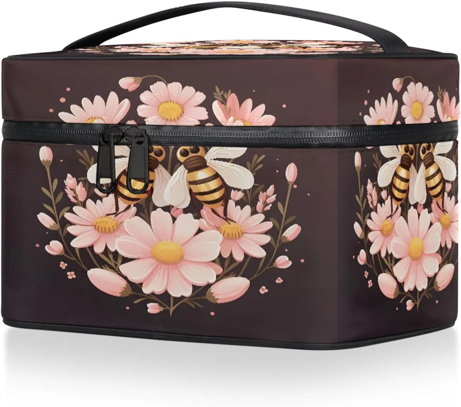 Flower and Bees Travel Toiletry Bag Large Capacity Makeup Case Organizer with Handle Cosmetic Case for Women Girls