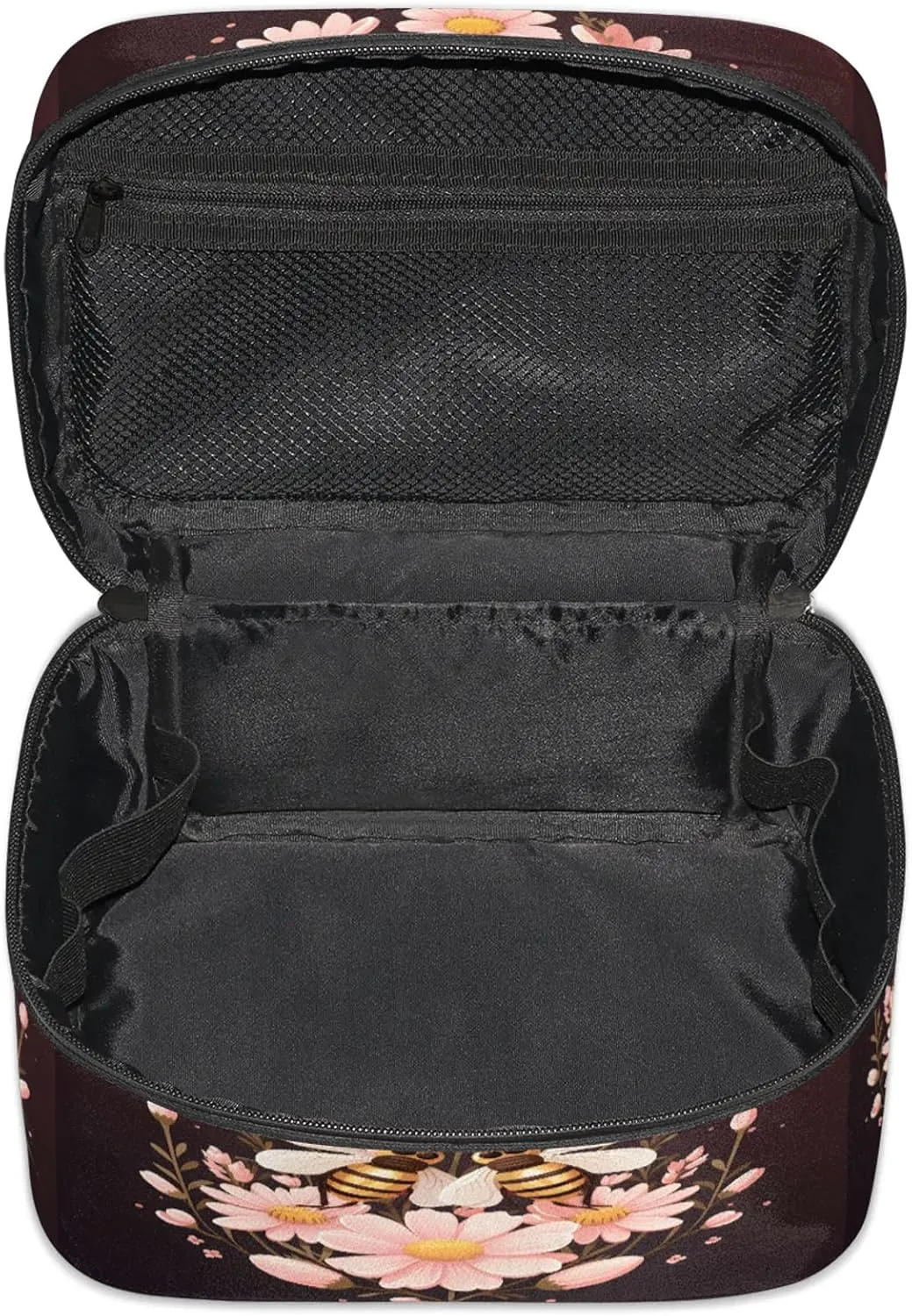 Flower and Bees Travel Toiletry Bag Large Capacity Makeup Case Organizer with Handle Cosmetic Case for Women Girls