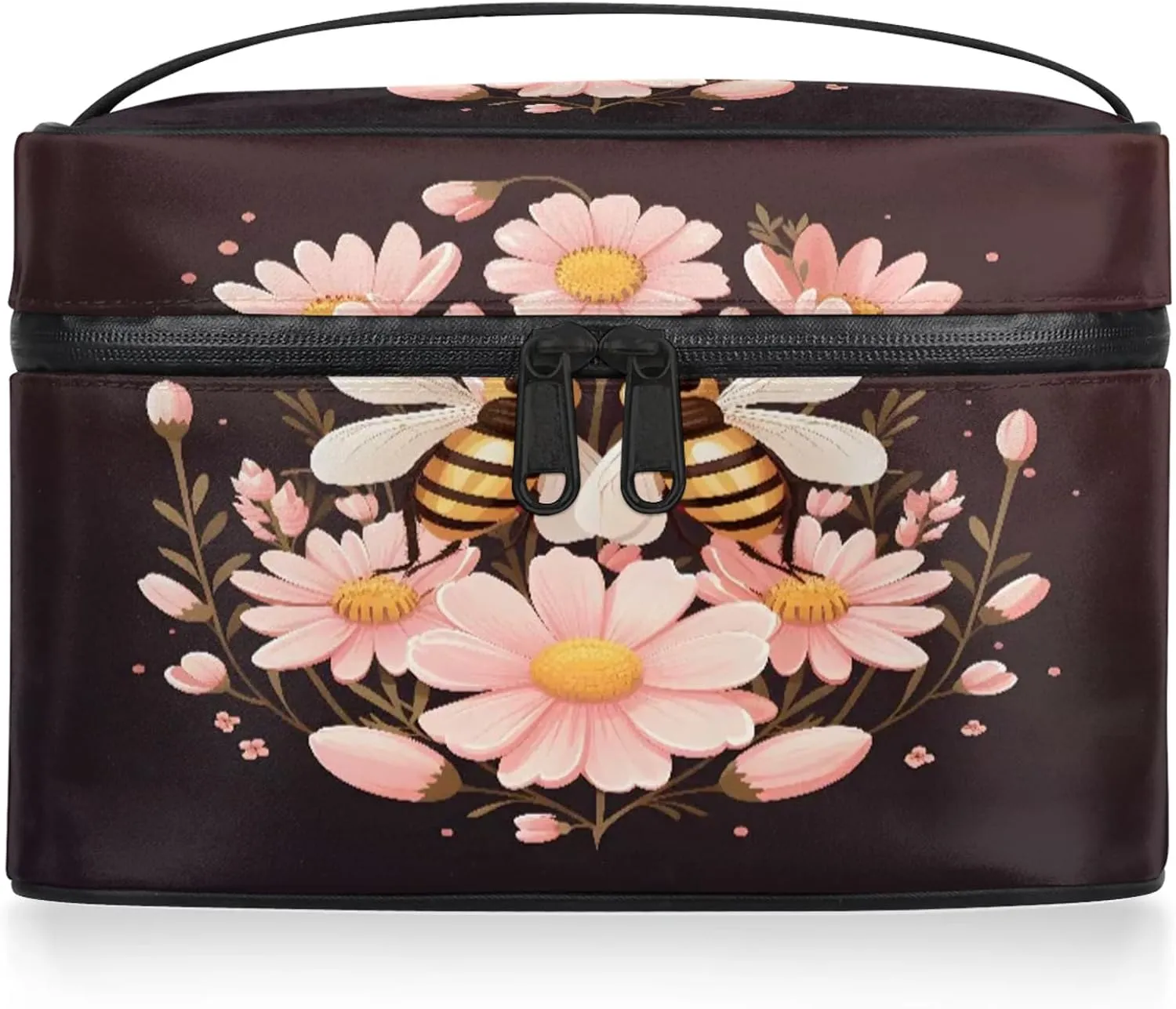 Flower and Bees Travel Toiletry Bag Large Capacity Makeup Case Organizer with Handle Cosmetic Case for Women Girls