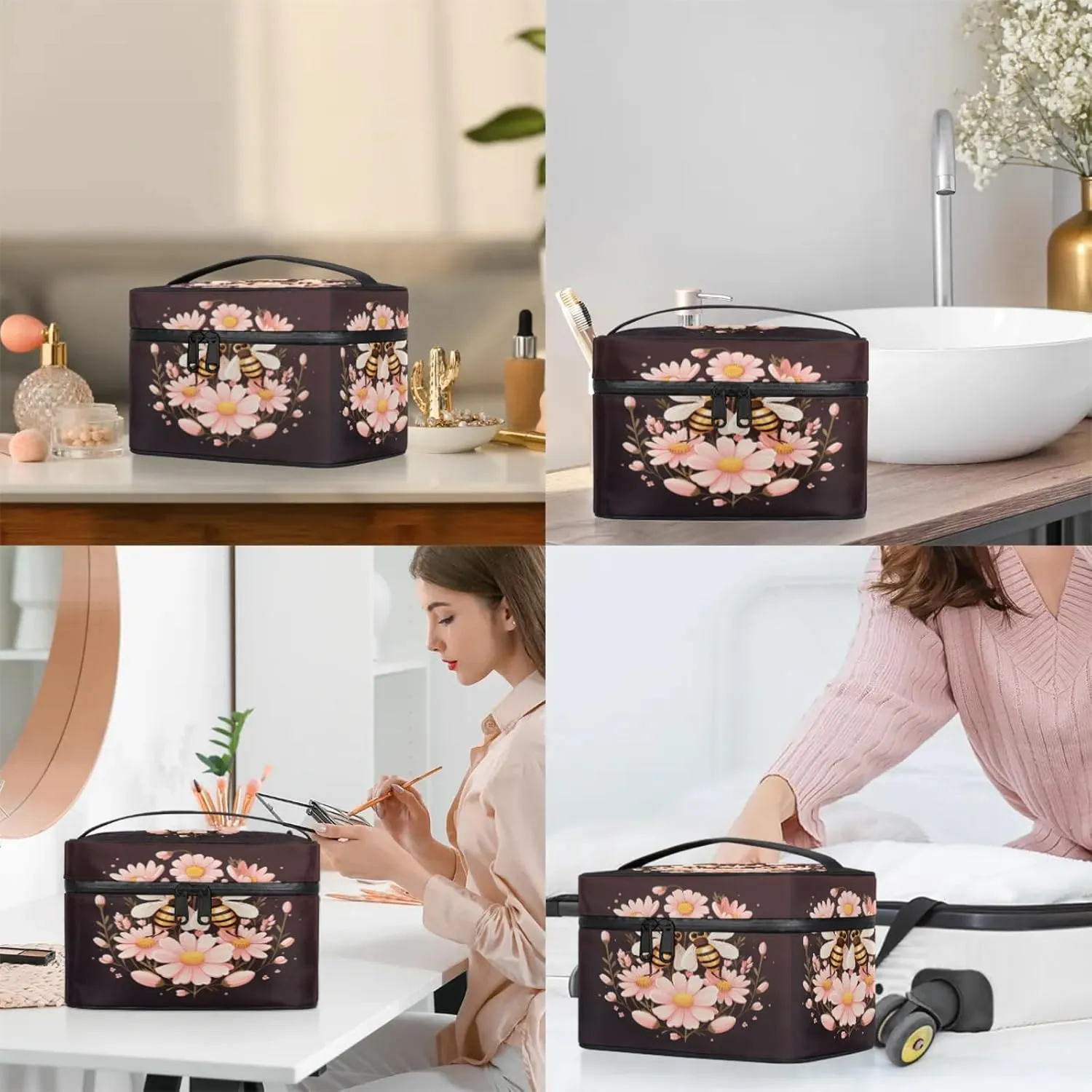 Flower and Bees Travel Toiletry Bag Large Capacity Makeup Case Organizer with Handle Cosmetic Case for Women Girls