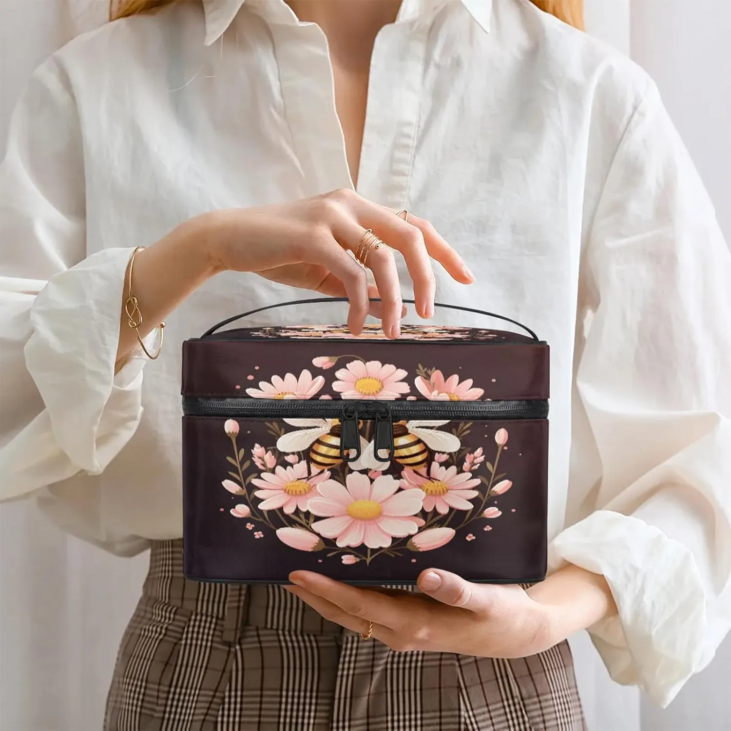 Flower and Bees Travel Toiletry Bag Large Capacity Makeup Case Organizer with Handle Cosmetic Case for Women Girls