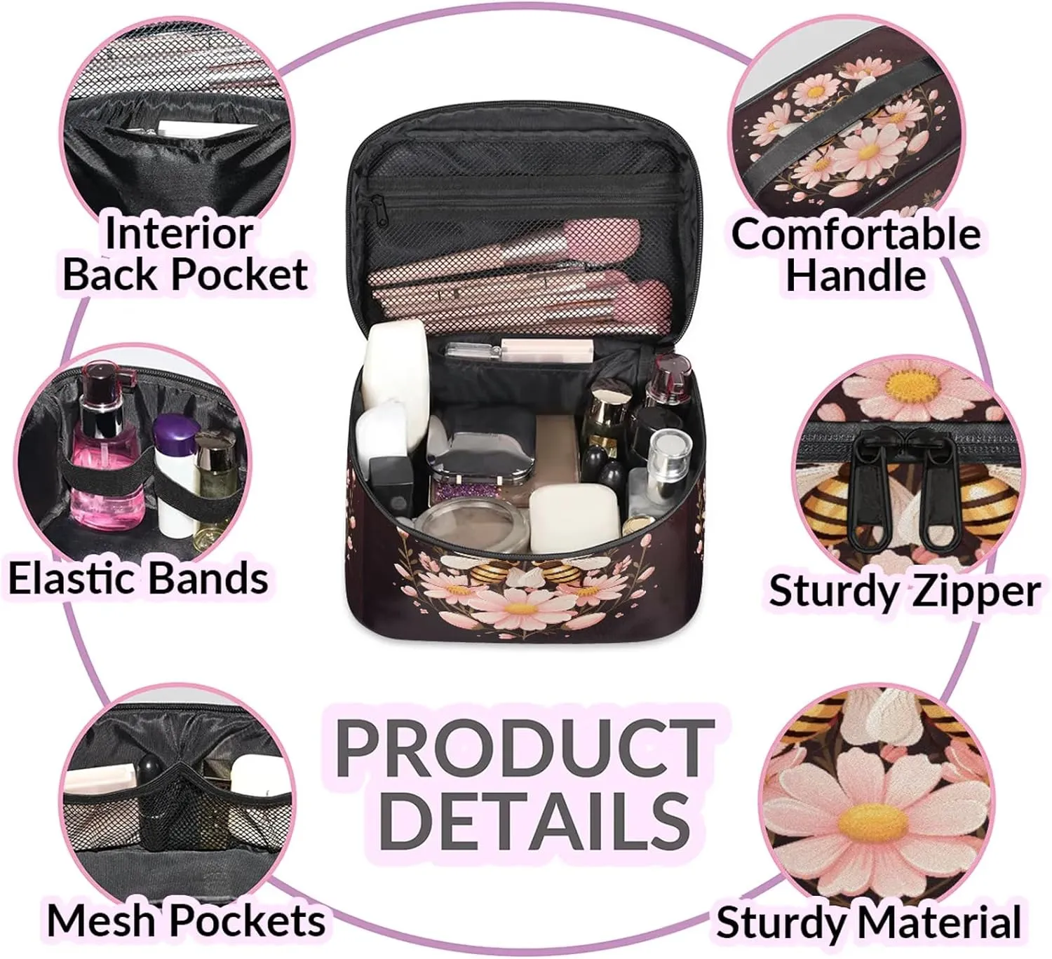 Flower and Bees Travel Toiletry Bag Large Capacity Makeup Case Organizer with Handle Cosmetic Case for Women Girls