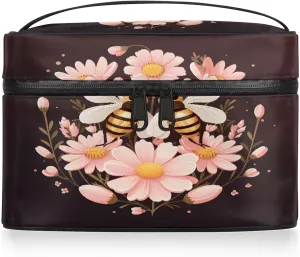 Flower and Bees Travel Toiletry Bag Large Capacity Makeup Case Organizer with Handle Cosmetic Case for Women Girls