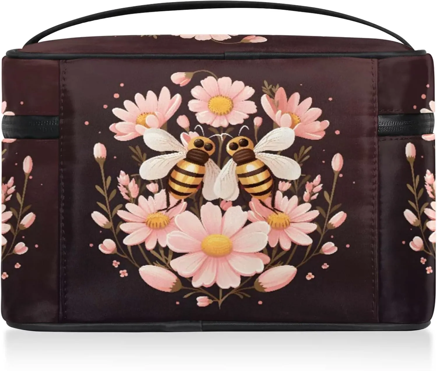 Flower and Bees Travel Toiletry Bag Large Capacity Makeup Case Organizer with Handle Cosmetic Case for Women Girls