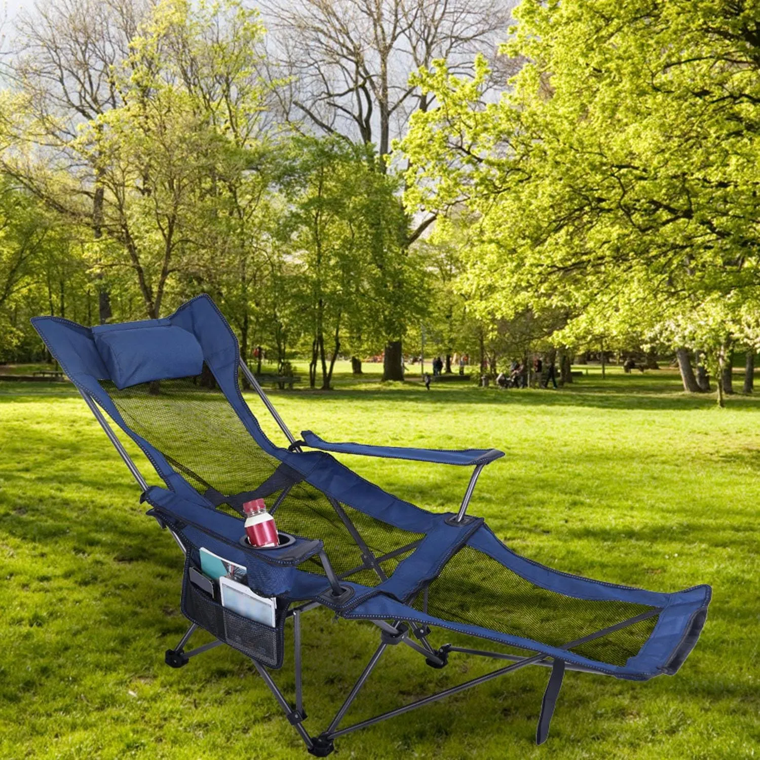 Foldable Camping Chair 330LBS Load Heavy Duty Steel Lawn Chair Collapsible Chair with Reclining Backrest Angle Cup Holder Pillow Side Pocket Carry Bag