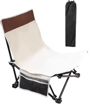 Folding Camping Chair Heavy Duty Padded Outdoor Chair with Side Pocket, Carry Bag Included, 120 KG Weight Capacity, Thicken 600D Oxford Lightweight Beach Chair, Beige
