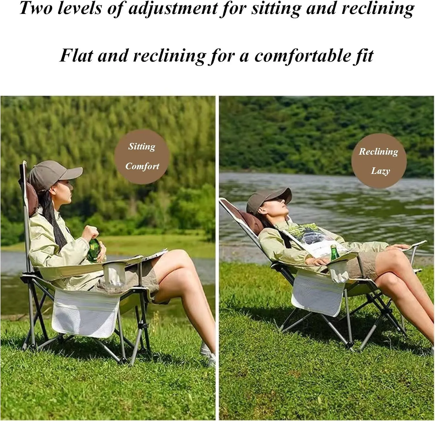 Folding Camping Chair Heavy Duty Padded Outdoor Chair with Side Pocket, Carry Bag Included, 120 KG Weight Capacity, Thicken 600D Oxford Lightweight Beach Chair, Beige