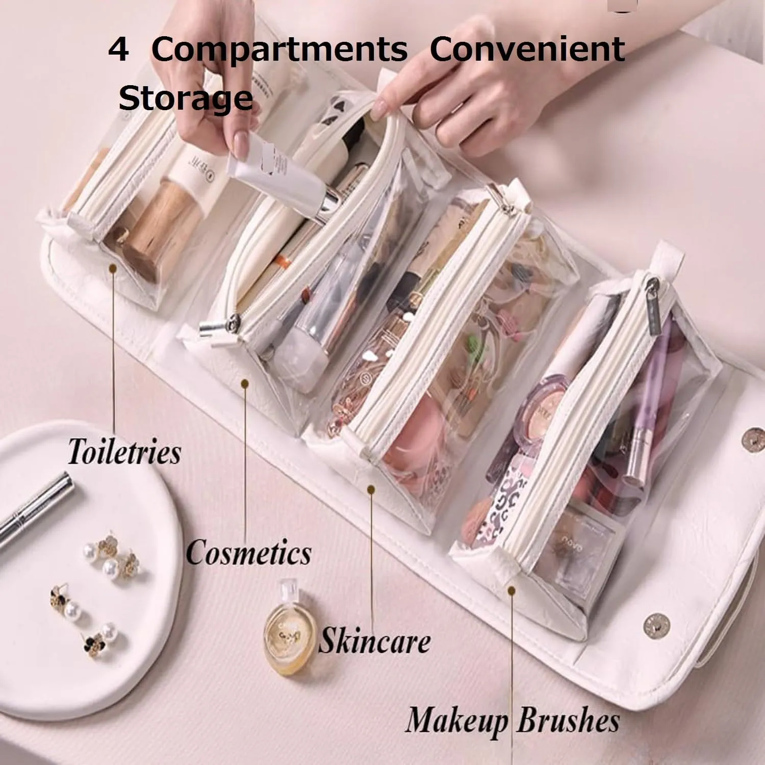 Folding Makeup Bag-Portable 4-in-1 Makeup Organizer,With Detachable Design Travel Toiletry Bag For Women,With Compartments Cosmetic Bag (White)