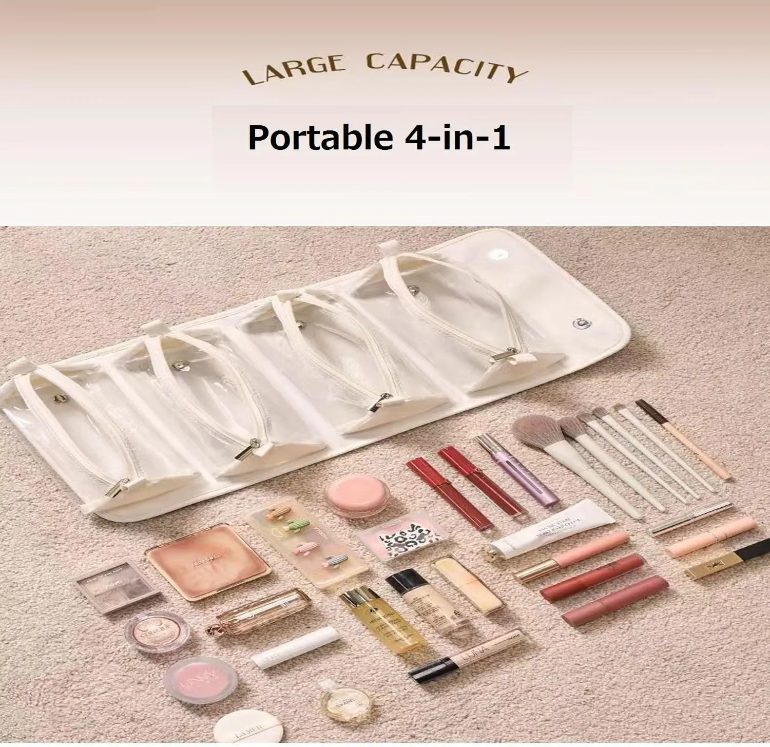 Folding Makeup Bag-Portable 4-in-1 Makeup Organizer,With Detachable Design Travel Toiletry Bag For Women,With Compartments Cosmetic Bag (White)