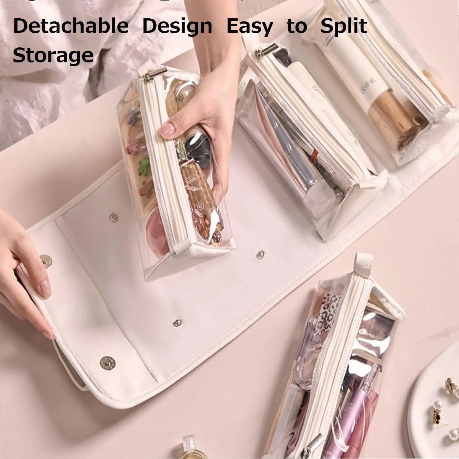 Folding Makeup Bag-Portable 4-in-1 Makeup Organizer,With Detachable Design Travel Toiletry Bag For Women,With Compartments Cosmetic Bag (White)