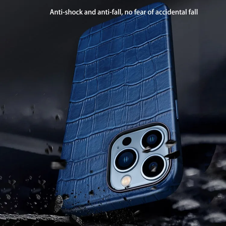For iPhone 12 Crocodile Texture Top Layer Cowhide Leather Back Cover Shockproof Case