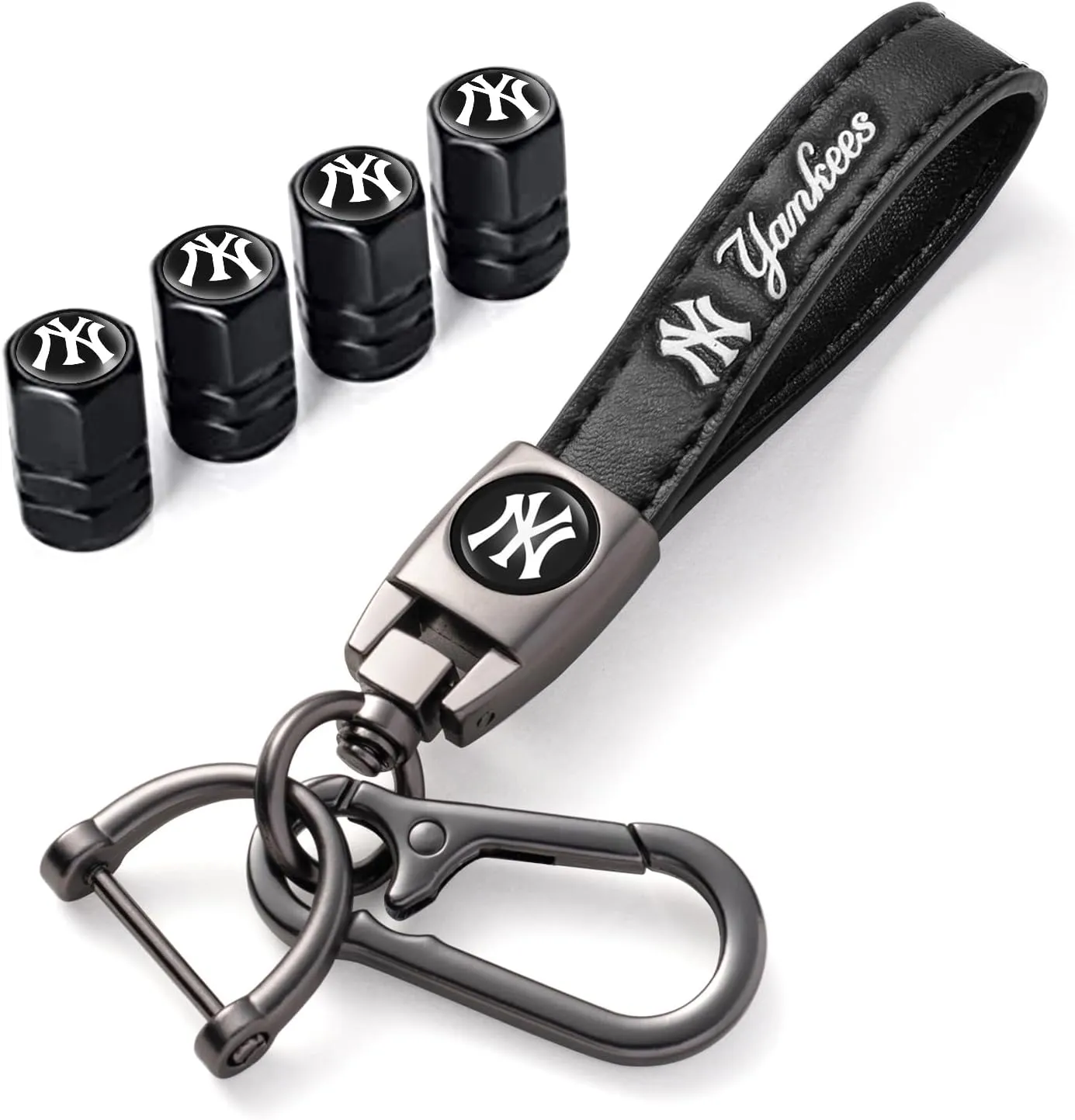 for New York Yankees Baseball Fans Car Keychain with Tire Valve Caps, Car Keyring and Valve Stem Caps Compatible with Key Fob Holder, Delicate Gifts for Men Women, NY Yankees