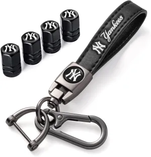 for New York Yankees Baseball Fans Car Keychain with Tire Valve Caps, Car Keyring and Valve Stem Caps Compatible with Key Fob Holder, Delicate Gifts for Men Women, NY Yankees