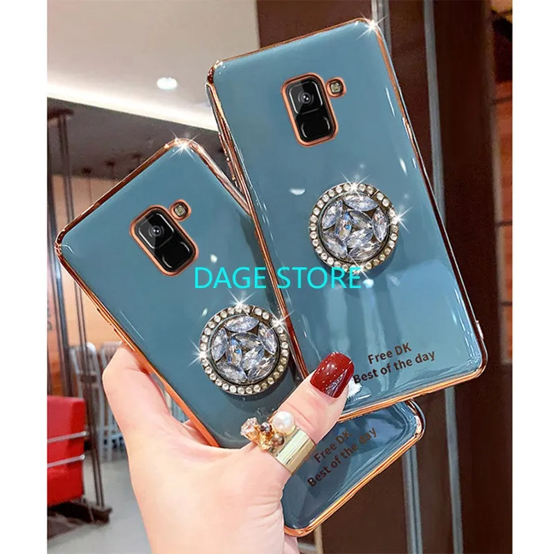 For Samsung Galaxy A5 A8 Plus A6 Plus J8 2018 Electroplated  Phone Case Bling Crystal Holder Cover Soft TPU Back Cover