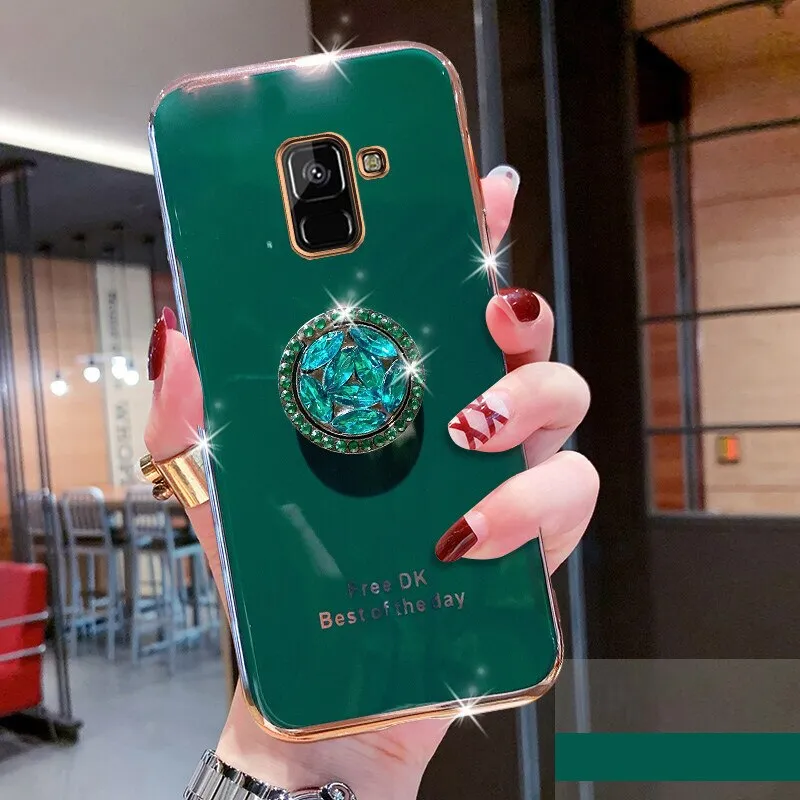For Samsung Galaxy A5 A8 Plus A6 Plus J8 2018 Electroplated  Phone Case Bling Crystal Holder Cover Soft TPU Back Cover