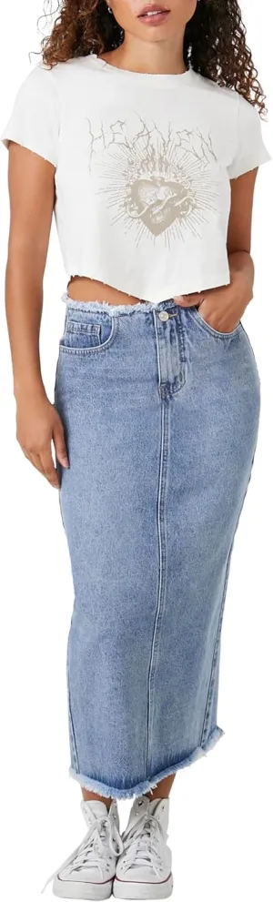 Forever 21 Women's Frayed Denim Maxi Skirt