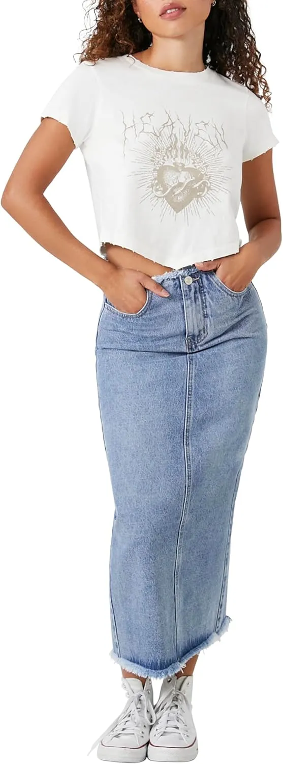 Forever 21 Women's Frayed Denim Maxi Skirt