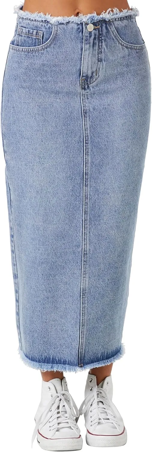 Forever 21 Women's Frayed Denim Maxi Skirt