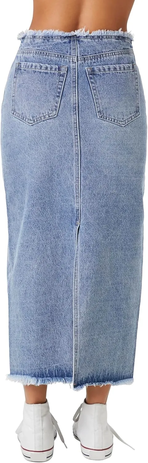 Forever 21 Women's Frayed Denim Maxi Skirt