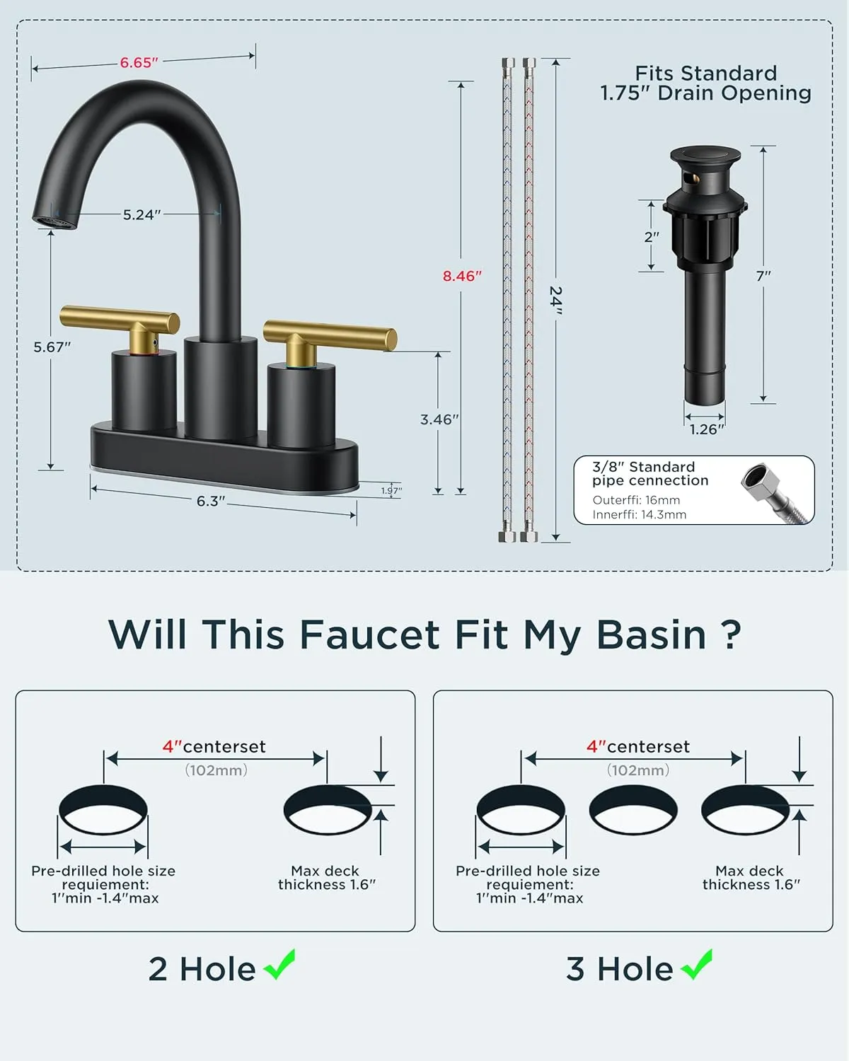 FORIOUS 4 in Black and Gold Bathroom Faucet Centerset, 2 Handle Matte Black Swivel Faucet for Bathroom Sink 2 or 3 Hole with Pop Up Dain Assembly and cUPC Supply Hose, Suitable for Vanity RV Restroom