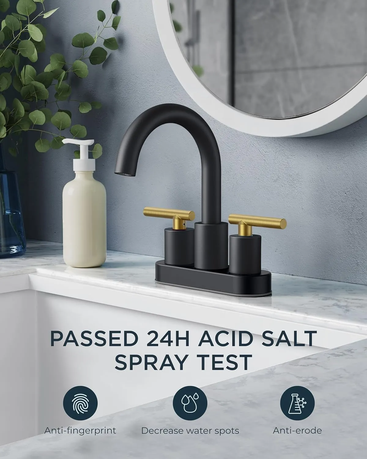 FORIOUS 4 in Black and Gold Bathroom Faucet Centerset, 2 Handle Matte Black Swivel Faucet for Bathroom Sink 2 or 3 Hole with Pop Up Dain Assembly and cUPC Supply Hose, Suitable for Vanity RV Restroom
