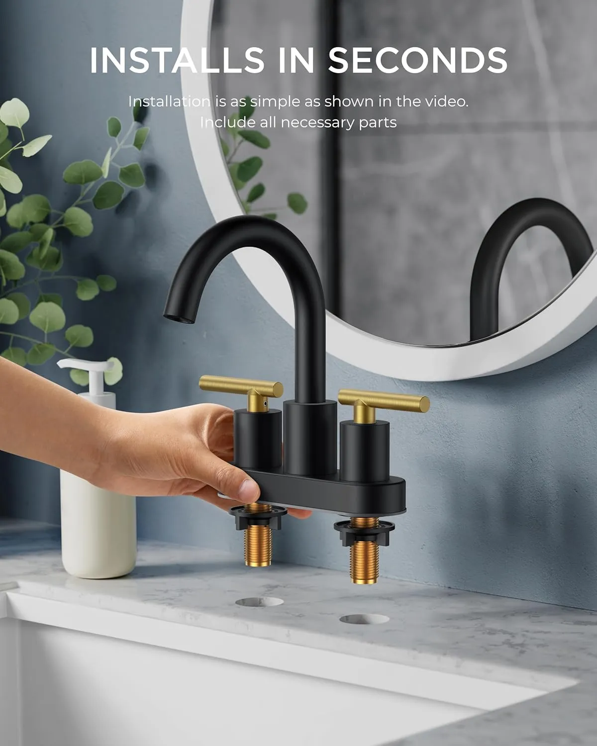 FORIOUS 4 in Black and Gold Bathroom Faucet Centerset, 2 Handle Matte Black Swivel Faucet for Bathroom Sink 2 or 3 Hole with Pop Up Dain Assembly and cUPC Supply Hose, Suitable for Vanity RV Restroom