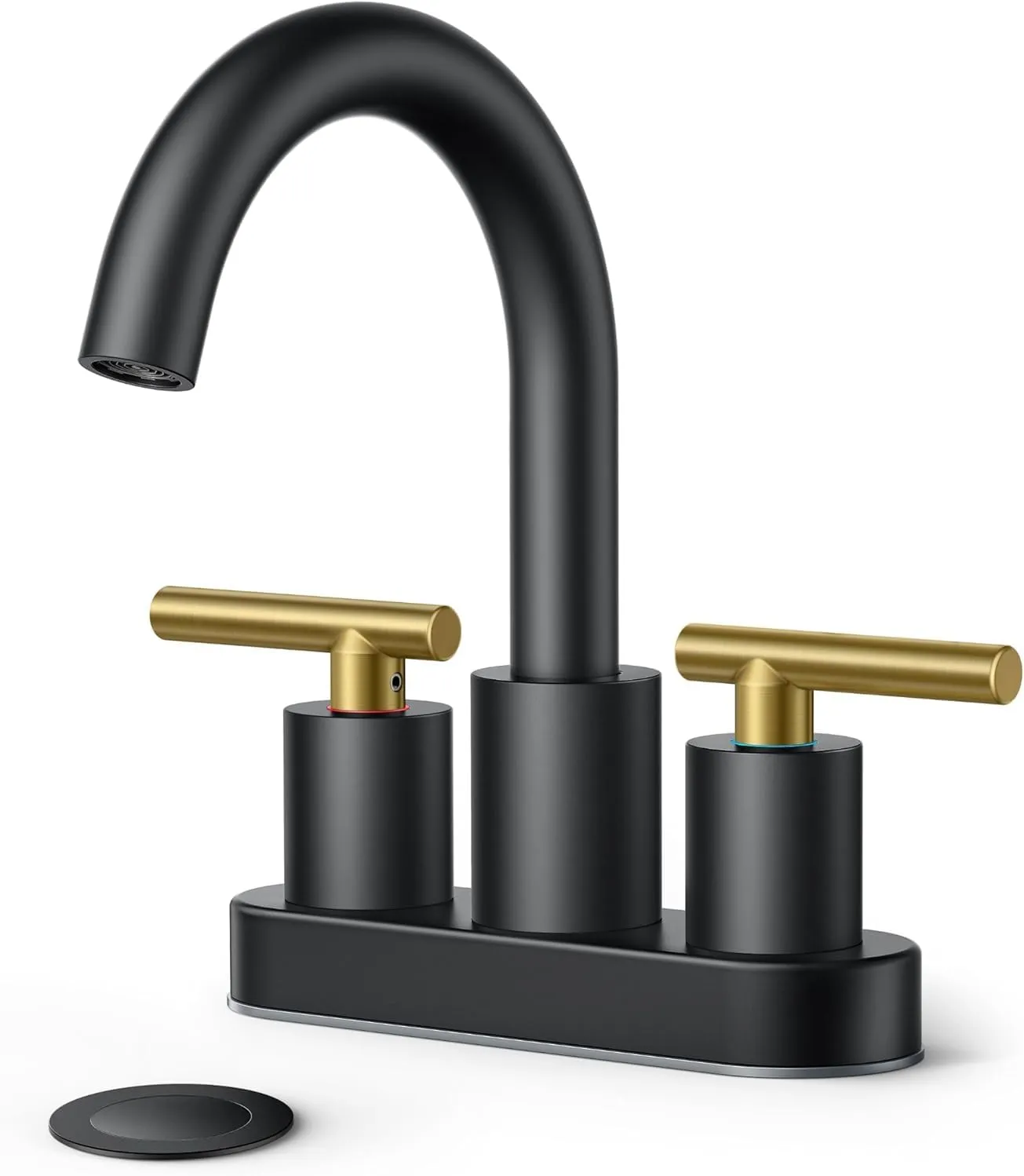 FORIOUS 4 in Black and Gold Bathroom Faucet Centerset, 2 Handle Matte Black Swivel Faucet for Bathroom Sink 2 or 3 Hole with Pop Up Dain Assembly and cUPC Supply Hose, Suitable for Vanity RV Restroom
