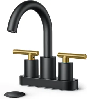 FORIOUS 4 in Black and Gold Bathroom Faucet Centerset, 2 Handle Matte Black Swivel Faucet for Bathroom Sink 2 or 3 Hole with Pop Up Dain Assembly and cUPC Supply Hose, Suitable for Vanity RV Restroom