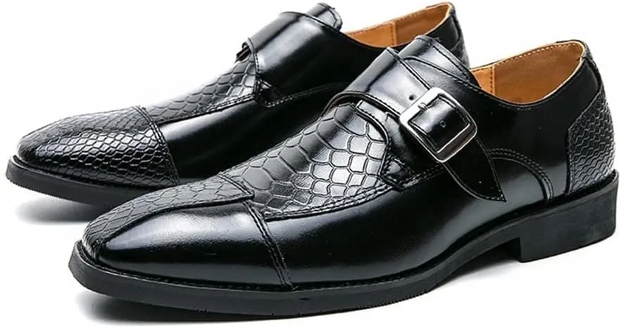 Formal Shoes for Men Slip On Monk Strap Crocodile Print Faux Leather Block Heel Anti-Slip Rubber Sole Slip Resistant Casual