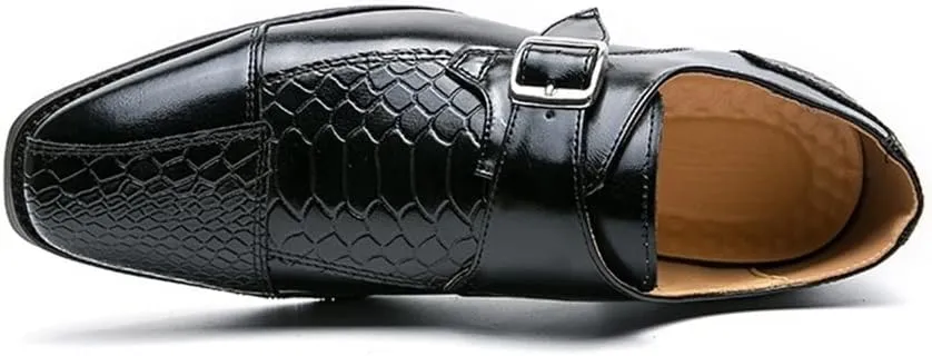 Formal Shoes for Men Slip On Monk Strap Crocodile Print Faux Leather Block Heel Anti-Slip Rubber Sole Slip Resistant Casual