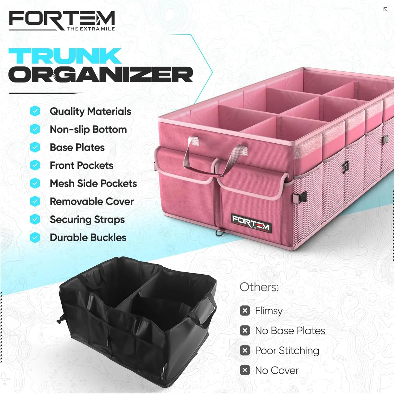 FORTEM Car Trunk Organizer, Car Storage Organizer, Collapsible Multi Compartment Car Organizer, SUV Trunk Organizer, Non Slip Bottom, Adjustable Securing Straps, Soft Cover (Pink, X-Large)