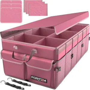 FORTEM Car Trunk Organizer, Car Storage Organizer, Collapsible Multi Compartment Car Organizer, SUV Trunk Organizer, Non Slip Bottom, Adjustable Securing Straps, Soft Cover (Pink, X-Large)