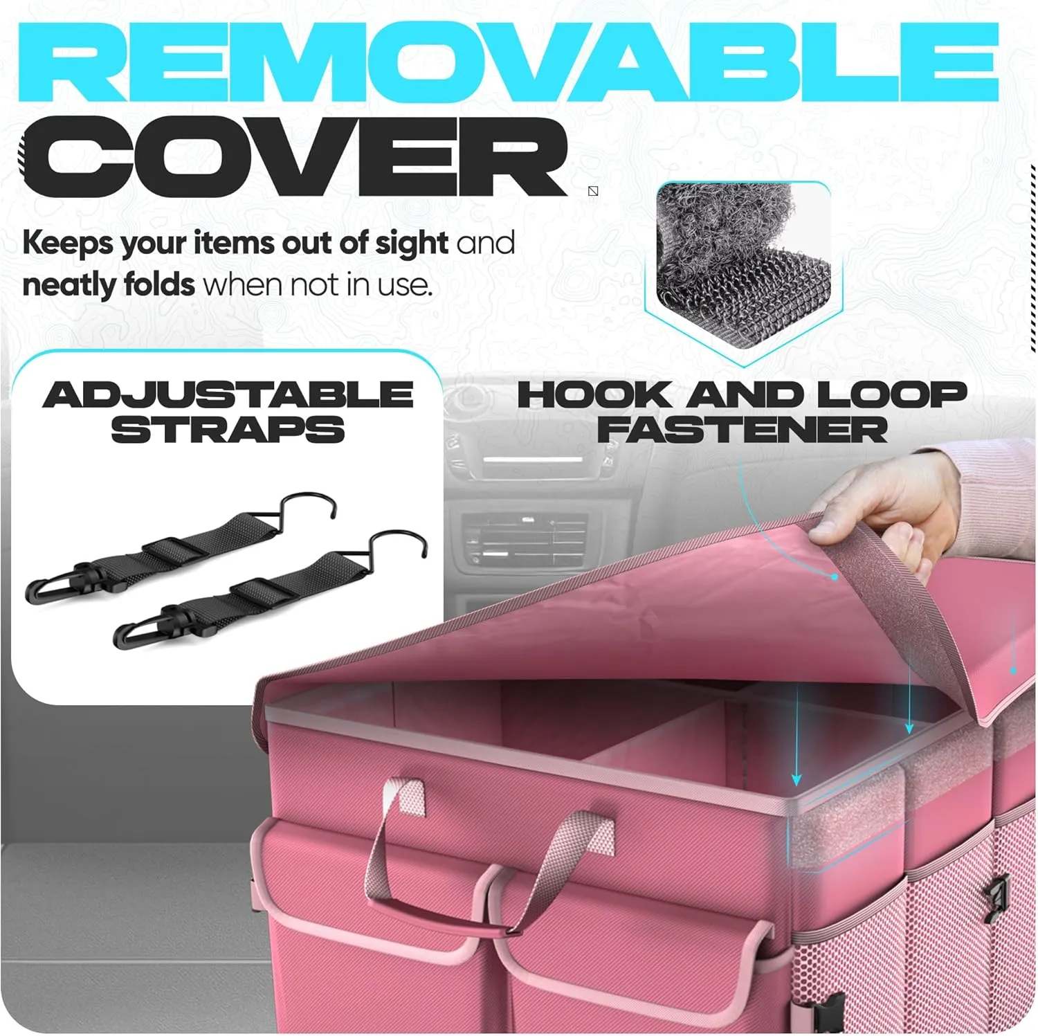 FORTEM Car Trunk Organizer, Car Storage Organizer, Collapsible Multi Compartment Car Organizer, SUV Trunk Organizer, Non Slip Bottom, Adjustable Securing Straps, Soft Cover (Pink, X-Large)