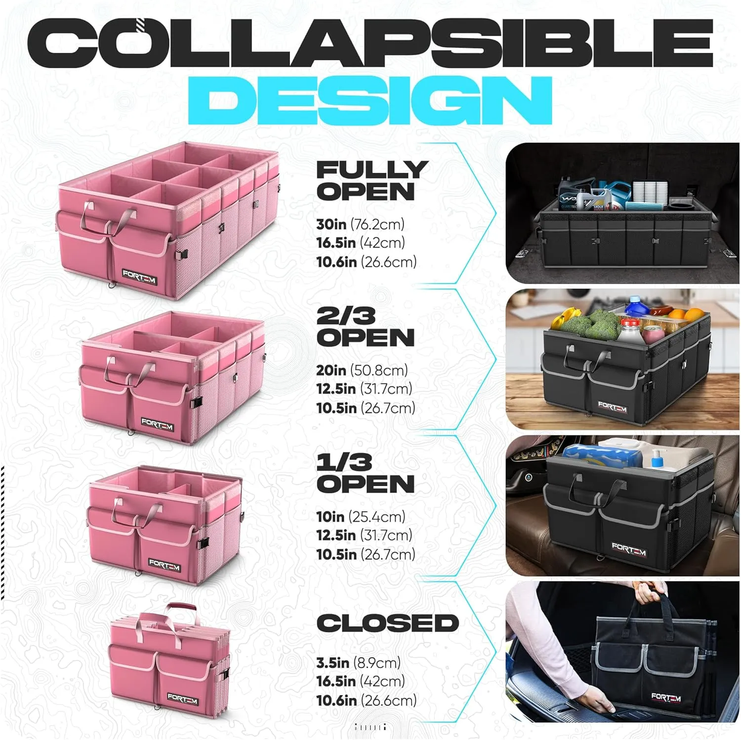 FORTEM Car Trunk Organizer, Car Storage Organizer, Collapsible Multi Compartment Car Organizer, SUV Trunk Organizer, Non Slip Bottom, Adjustable Securing Straps, Soft Cover (Pink, X-Large)