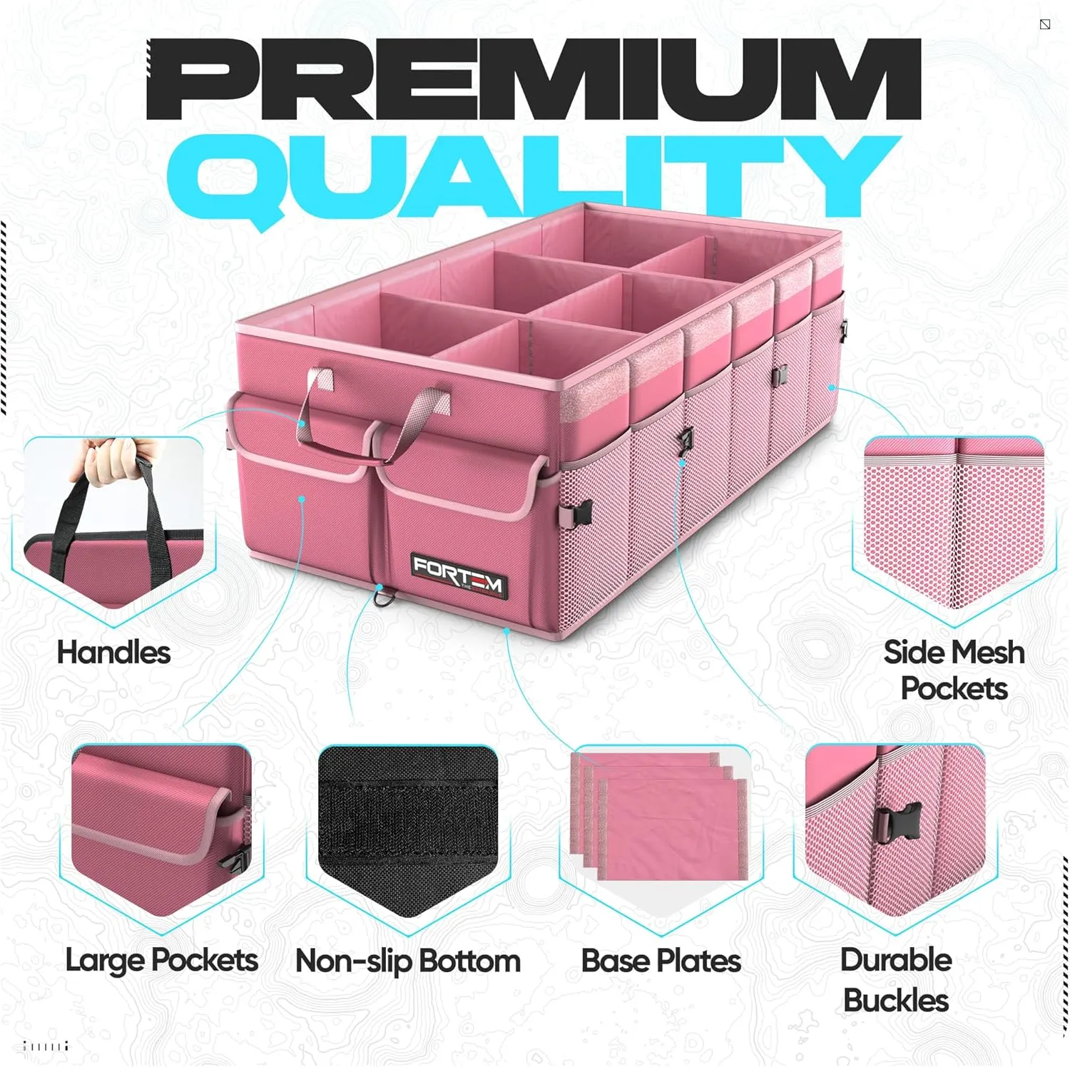 FORTEM Car Trunk Organizer, Car Storage Organizer, Collapsible Multi Compartment Car Organizer, SUV Trunk Organizer, Non Slip Bottom, Adjustable Securing Straps, Soft Cover (Pink, X-Large)