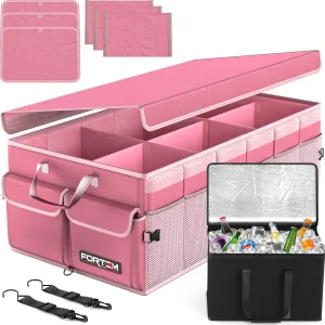 FORTEM Car Trunk Organizer with Cooler, Car Storage Organizer, Collapsible Multi Compartment Car Organizer, SUV Trunk Organizer, Non Slip Bottom, Adjustable Straps Soft Cover (Pink, XXL)