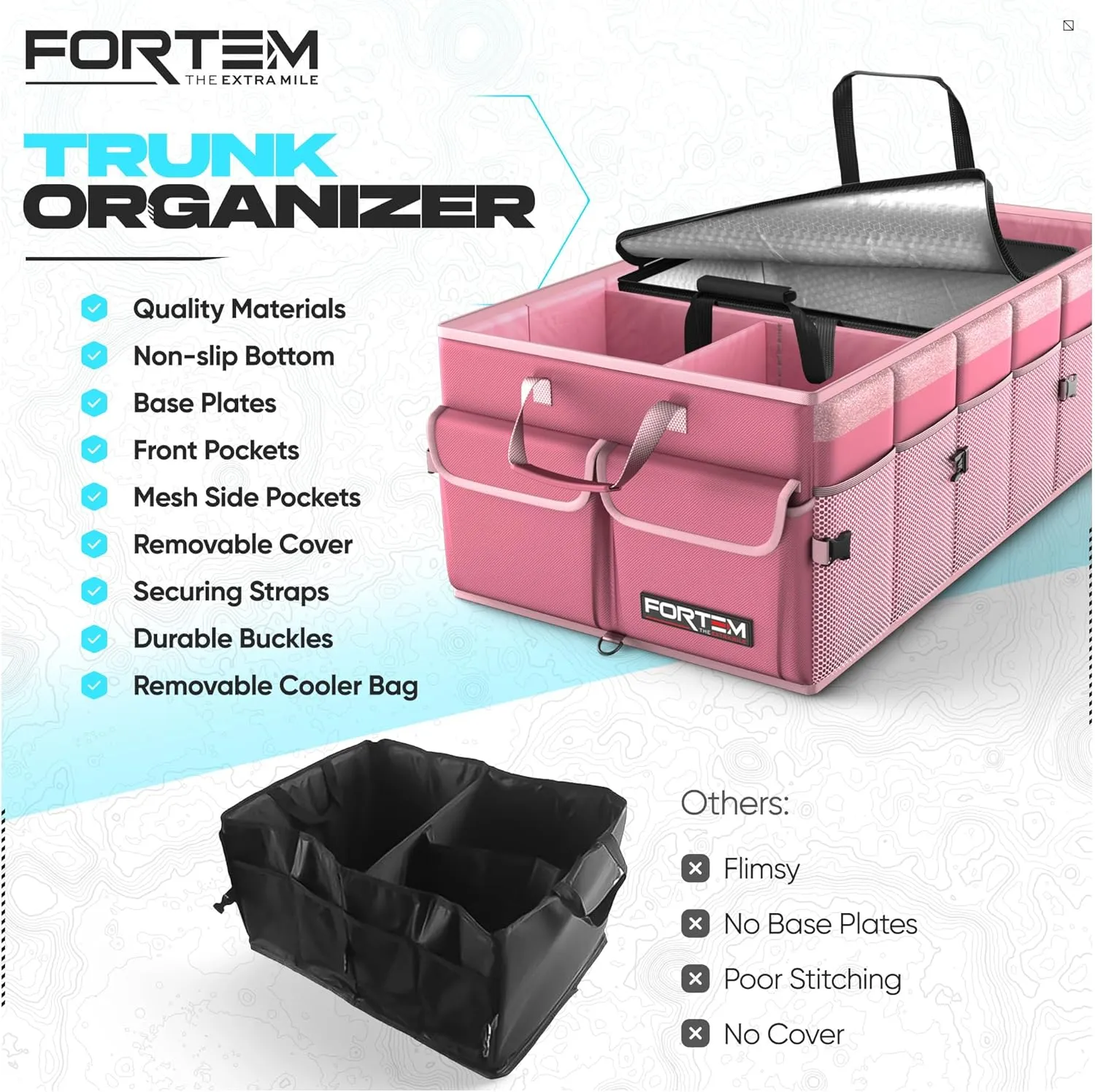 FORTEM Car Trunk Organizer with Cooler, Car Storage Organizer, Collapsible Multi Compartment Car Organizer, SUV Trunk Organizer, Non Slip Bottom, Adjustable Straps Soft Cover (Pink, XXL)