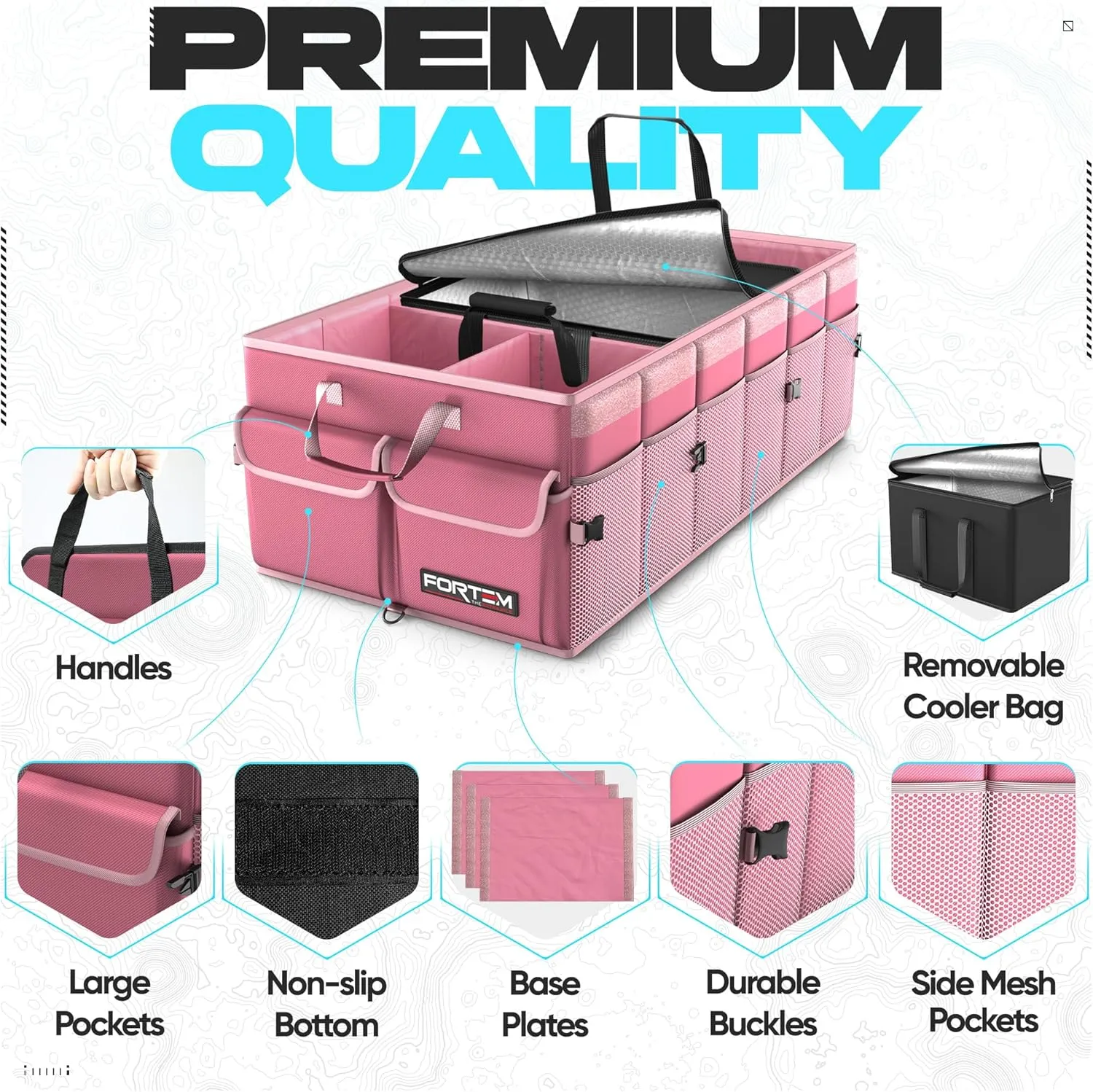 FORTEM Car Trunk Organizer with Cooler, Car Storage Organizer, Collapsible Multi Compartment Car Organizer, SUV Trunk Organizer, Non Slip Bottom, Adjustable Straps Soft Cover (Pink, XXL)